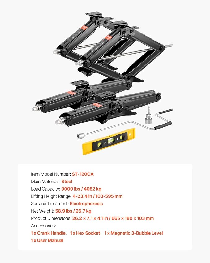 VEVOR 9000 lbs RV Scissor Jacks, 4-23.4 in RV Stabilizer Leveling Scissor Jacks, Set of 4, Heavy Duty Stabilizer Jack with Crank Handle, Socket and Bubble Levels, Not Easily Bent or Deformed