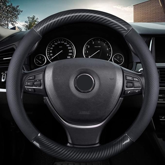 KAFEEK Classic Carbon Fiber Steering Wheel Cover, Universal 15 inch, Breathable Microfiber Leather Steering Wheel Protector for Men Women, Black