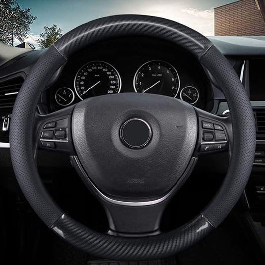 KAFEEK Classic Carbon Fiber Steering Wheel Cover, Universal 15 inch, Breathable Microfiber Leather Steering Wheel Protector for Men Women, Black