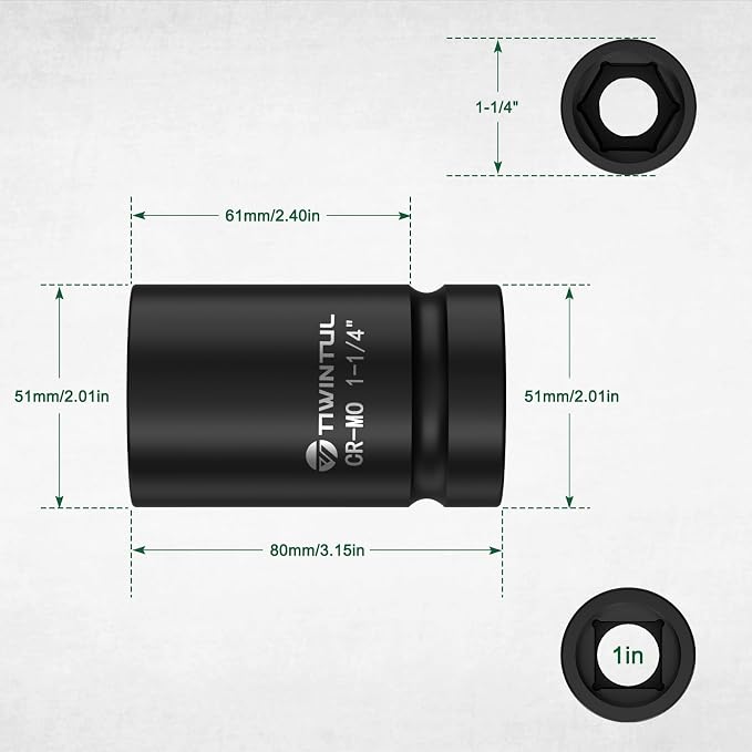 1-1/4” Impact Socket 1" Drive for Semi-Truck & Heavy Equipment | 6 Point Design, CR-MO, ANSI Certified, Heavy Duty Socket 1 Inch Drive for Mining & Construction, Farm Equipment Maintenance