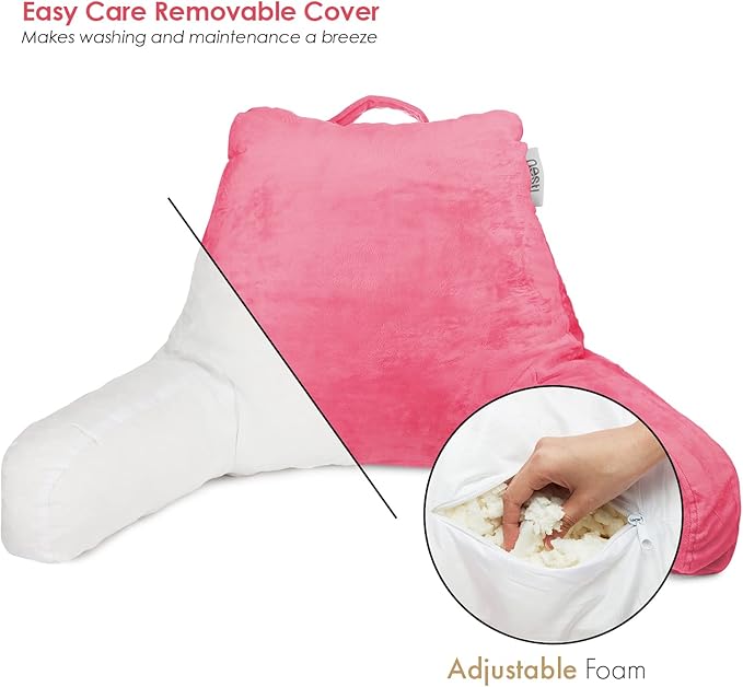 Nestl Reading Pillow with Shredded Memory Foam, Designed for Sitting Up in Bed and Couch, Back and Arms Adjustable Support for Adult & Teens Backrest Pillows for Reading with Washable Cover Light Pink
