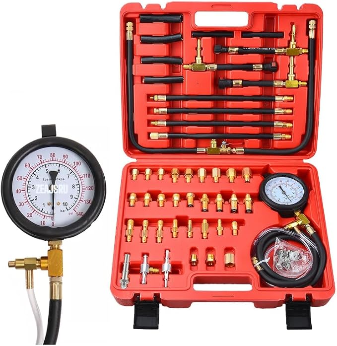 Fuel Injection Pressure Tester Kit 0-140 PSI, Pro Fuel Pressure Gauge with 3 Sizes Fuel Line Fittings (6.30mm/7.89mm/9.49mm) for Car, Truck, Motorcycle