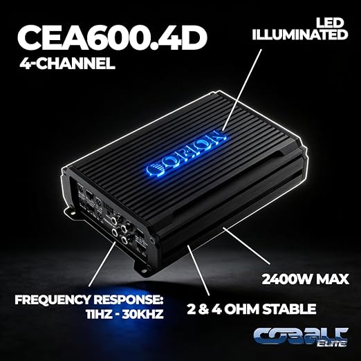 Orion Cobalt Elite CEA600.4D Class-D Compact 4-Channel High Efficiency Car Audio Amplifier, 600W RMS, Full-Range Power, Variable High & Low Pass Filters, 2/4 Ohm Stable, MOSFET Power Supply