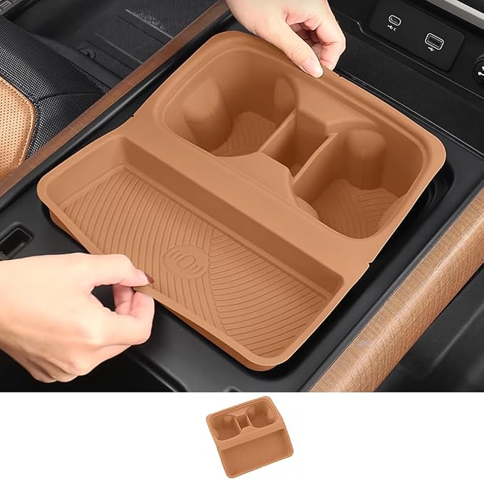 Center Console Storage Box for 2022-2024 Land Rover Defender 90 110 130 Wireless Charging Mat Cup Holder Interior Storage Silicone Mat Tuning Supplies Accessories (2022-2024 Defender (Brown))