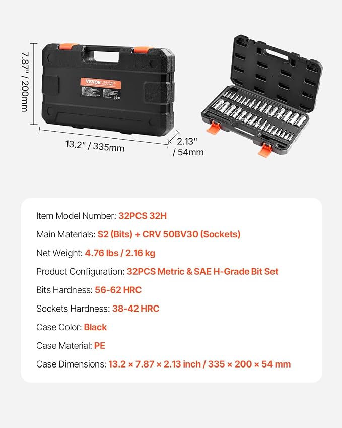 VEVOR Hex Bit Socket Set, 32-Piece, S2 Alloy Steel and Cr-V Steel, Standard SAE and Metric, 1/4 in, 3/8 in, and 1/2 in Drives, with Enhanced Storage Case, Allen Socket Set for Mechanics, Auto Repair