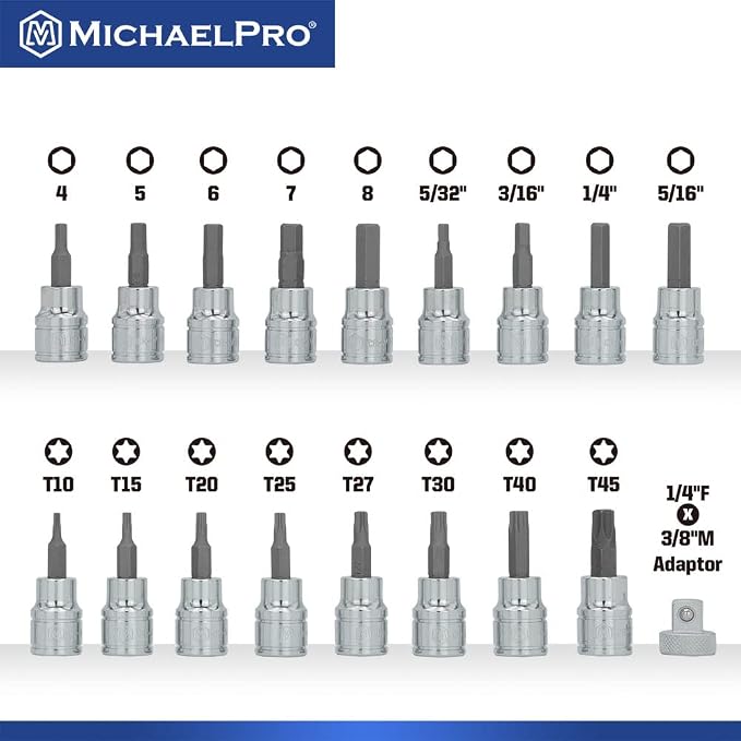 MichaelPro 18-Piece 3/8'' Drive Torx and Hex Bit Socket Set, SAE & Metric (5/32" - 5/16", 4 - 8 mm, T10-T45), High Torque Resistant S2 Steel, Socket Adapter and Storage Case Included - MP012021