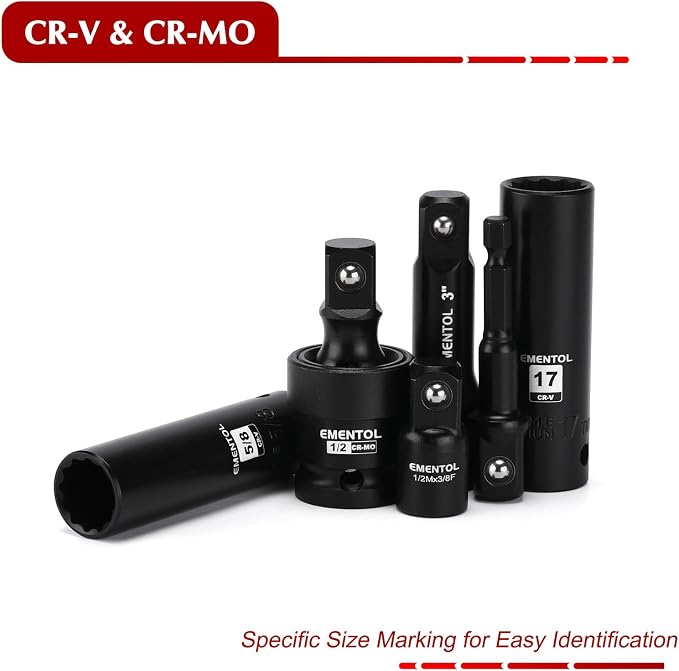 EMENTOL 32PCS 1/2" Drive Socket Set, Deep Impact Sockets, SAE(3/8"-1") and Metric(10-24mm), Including Extension Bars, Universal Joint, Drill&Socket Adapter, 12 Point Design, Cr-V Steel