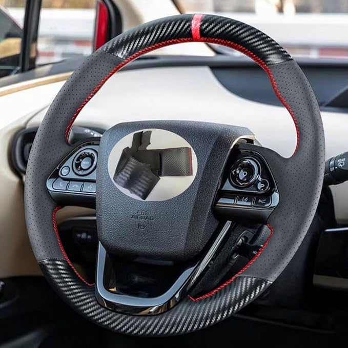 DIY Stitching Carbon Fiber Steering Wheel Cover for Toyota Prius Hatchback 2017 2018 2019 2020 2021 / Prius Prime Hatchback 2017-2022 15 inches Leather Interior Accessories