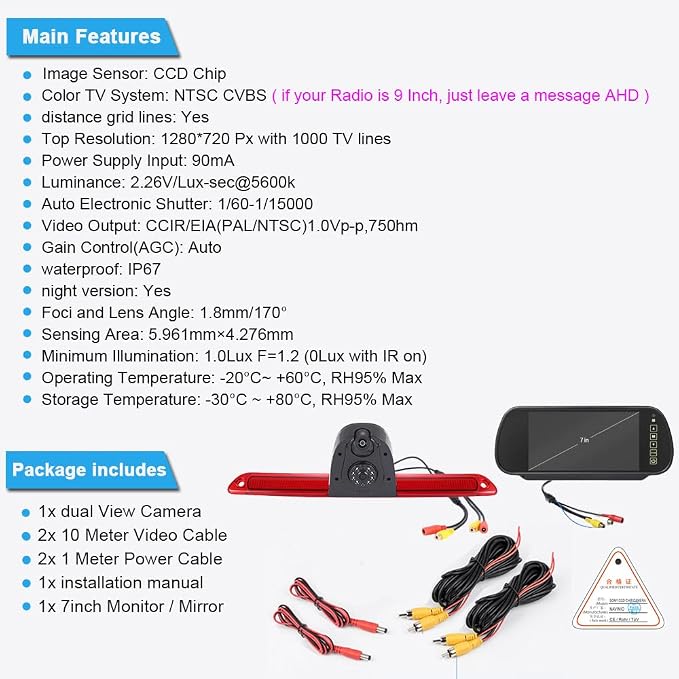 【New Super Dual Lens】 Car Rear View Camera Brake Light Reversing System in 3rd Brake Light Camera, Replacement for Van Mercedes Benz Sprinter W906/ VW Crafter Caravelle 2007-2015 (with 7 inch Mirror)