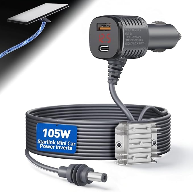 105W Boost Starlink Mini Car Adapter—Stops Reboots & Power Supply Damaged Starlink Mini Cable+Cigarette Lighter Adapter 12V-24V with Digital Display DC Power Cable for Car, Rvs, and Boats (9.8FT)
