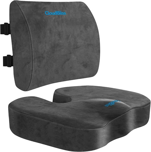 CloudBliss Seat Cushion,Office Chair Cushions,Car Seat Cushion,Lumbar Support Pillow for Office Chair,Back Support Memory Foam Pillow Coccyx Cushion for Tailbone Pain,Sciatica & Back Pain Relief -Grey
