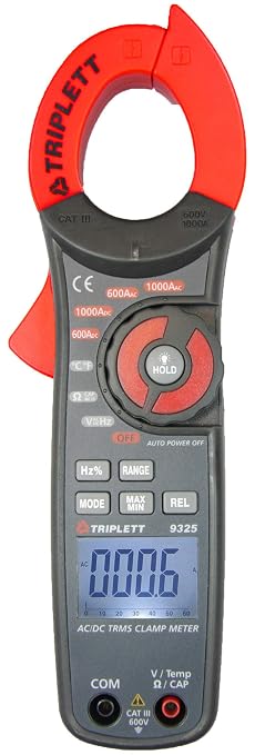 Triplett 9325 True RMS 6000 Count Clamp-On Digital AC/DC Meter - Current, Voltage, Resistance, Frequency, Capacitance, Temperature, Continuity, Diode Check, and Duty Cycle