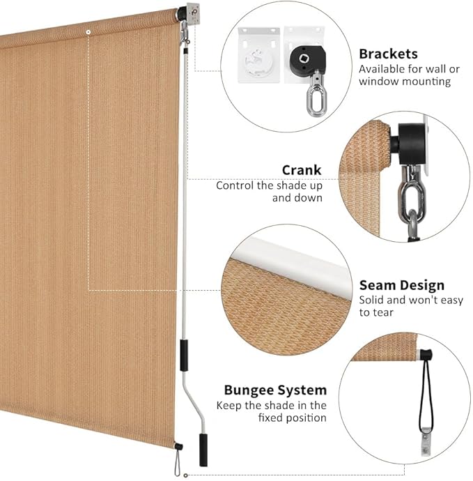 SMONTER Outdoor Sunshade Roller Shade 5'W x 6'H (60" Wx72 H), Exterior Cordless Roll Up Shades Blinds, UV Protection Shade Cloth with Crank Operation for Outside Windows Patio Porch Gazebo, Walnut