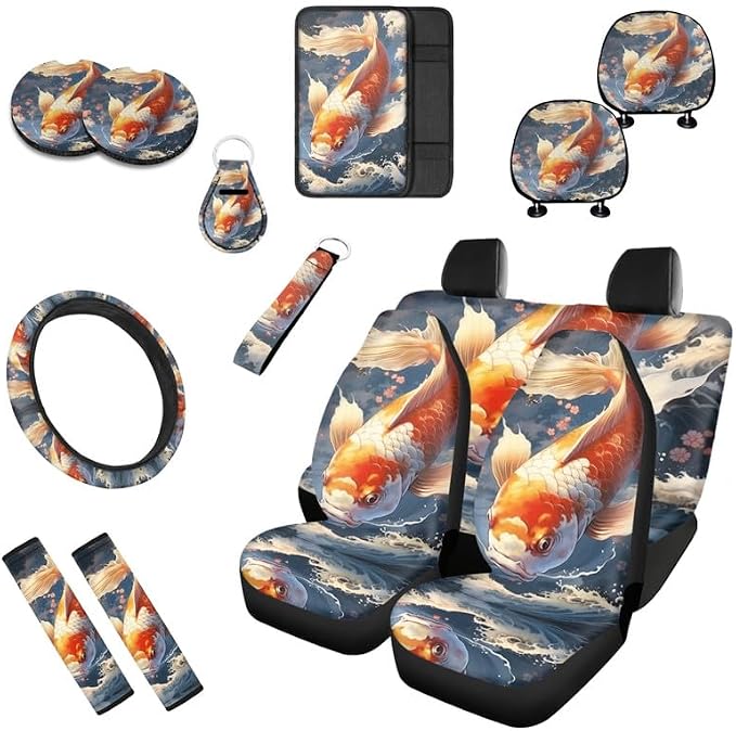 Koi Carp Hand Drawing 13 Pieces Seat Covers Accessories Lucky Fish Art Painting Steering Wheel Cover Seat Cover Full Set Seat Belt Shoulder Pad Car Cover for Truck SUV