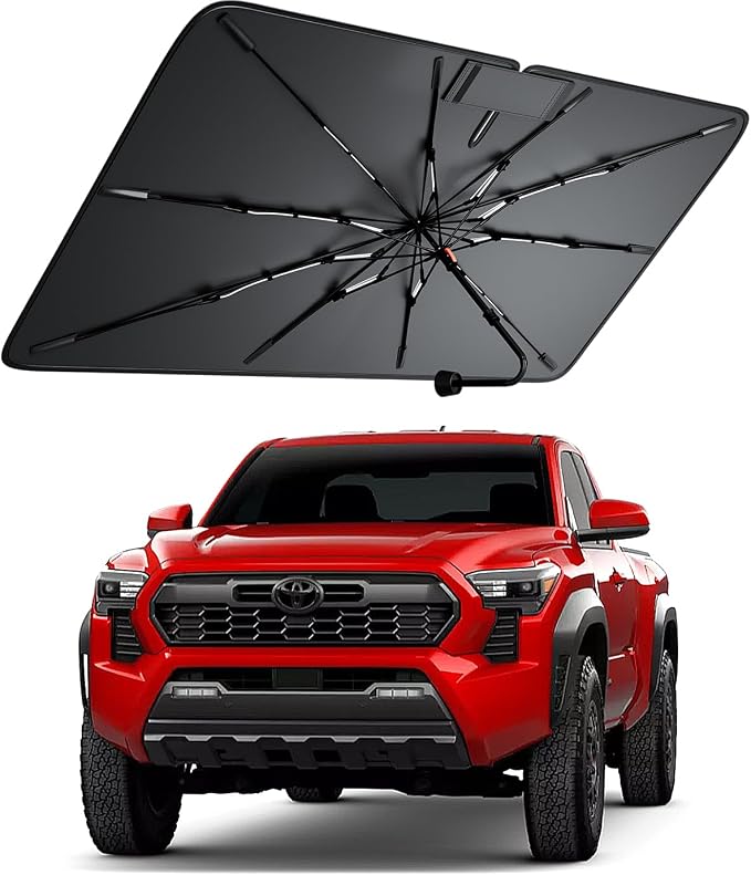 Windshield Sun Shade for Toyota Tacoma/4Runner 2000–2026, Foldable Umbrella Sunshade with 100% UV Block, Multi-Layer Heat Insulation, Reinforced 10-Rib Frame, Keeps Car Cooler