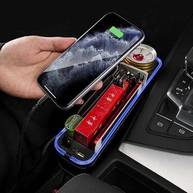 Tumecos Car Seat Gap Organizer with Light Multifunctional,with Small Cup Holder, Storage Box Car Seat Organizer, Car Seat Gap Filler with 2 USB Super Fast Charge Ports(Black, Passenger’s Side)
