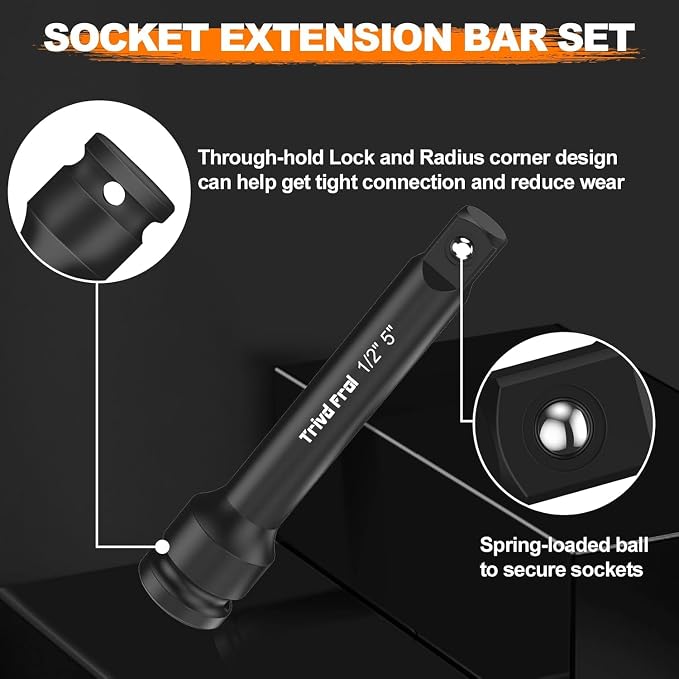 Impact Socket Set 1/2" Drive - Trivd Frol 65pcs Impact Socket Set Metric and Standard Full, Metric Socket Set 8-24mm & SAE Socket Set 3/8"-1-1/4", Shallow & Deep Socket Set, Extensions, Adapter