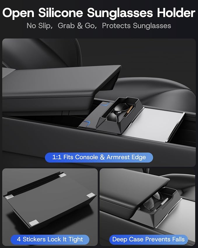 Center Console Organizer Tray for Tesla Model 3 Highland 2024-2026 & Model Y Juniper (Premium & Performance), 8PCS - PC Material & Silent Silicone Sunglasses Holder Armrest Hidden Storage Box