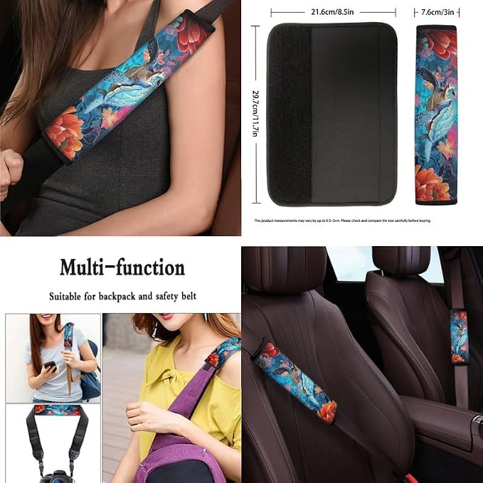 Sea Turtle 13 Pcs Car Seat Covers, Watercolor Floral Ocean Tortoise Universal Driver Seat Cover Protector Armrest Pad, Underwater Animal Steering Wheel Armrest Cover