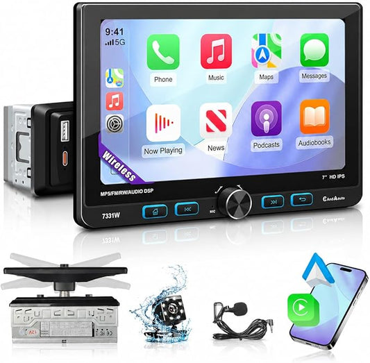 7" Single Din Touchscreen Radio, Floating Car Stereo with Wireless Apple CarPlay & Android Auto,30° Adjustable HD IPS Touchscreen,FM/AM,Bluetooth 5.2,USB & Type-C,MIC,Physical Knob, Backup Camera