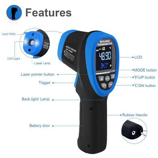 High Temp Thermometer Pyrometer -58℉- 2732℉,Dual Laser Industrial Pyrometer 30:1 Non Contact Digital Thermometer Gun with Large LCD Color Display Blacklight and Flashlight, Adjustable Emissivity