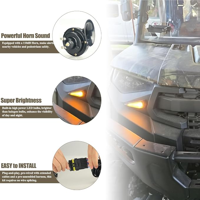 UTV Turn Signal Kit Amber Blinker Lights 110dB Horn Pre-Wired Compatible with Polaris RZR Ranger Can-am
