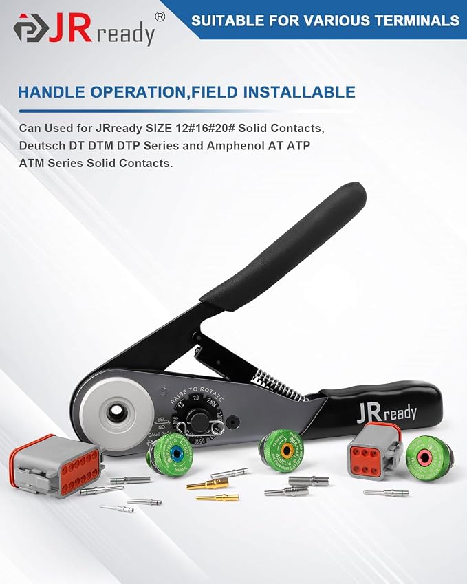 JRready Deutsch Crimp Tool ST2169 Deutsch Crimping Tool for DT,DTM,DTP and Amphenol AT ATP ATM Series Size 16 20 12 Solid Pin&Soc Contacts,Closed Barrel Crimp Tool with Three Positioners