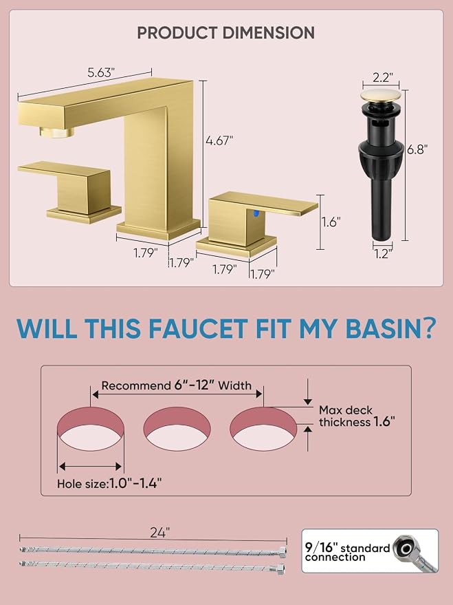 Cobbe Bathroom Faucets for Sink 3 Hole, Brushed Gold Bathroom Sink Faucet Square 8 inch Widespread with Pop-Up Drain, 2 Handle and 2 Supply Hoses, Lead-Free Stainless Steel for Vanity, Rv, Farmhouse