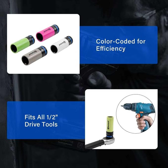 Kuntech 20Psc 1/2" Drive Lug Nut Socket Set Color Coded by Size, Thin Wall Non-Marring 6-Point Impact Lug Extractor Kit, Rugged Construction, Flip Turbo Socket Set with a Storage Cage