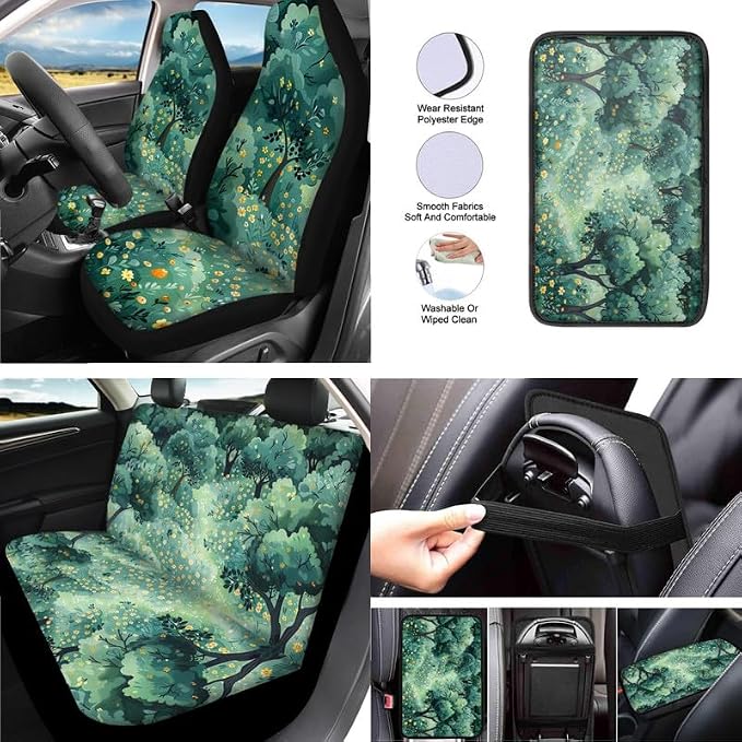 Forest Flower Hand Drawing 13 Pcs Seat Covers Full Set Tree Art Painting Front and Back Seat Covers Steering Wheel Cover Seatbelt Strap Cover Cup Mat Keychains