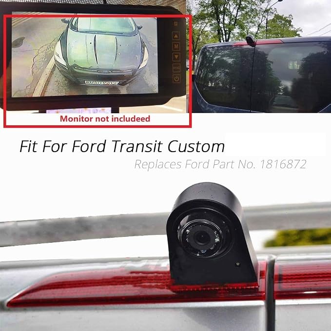 Brake Light Backup Camera Compatible for Ford Transit Custom Rear High Level Brake Light Reversing Parking Camera from 2012-2015 with 7 inch Clip-on Mirror Monitor