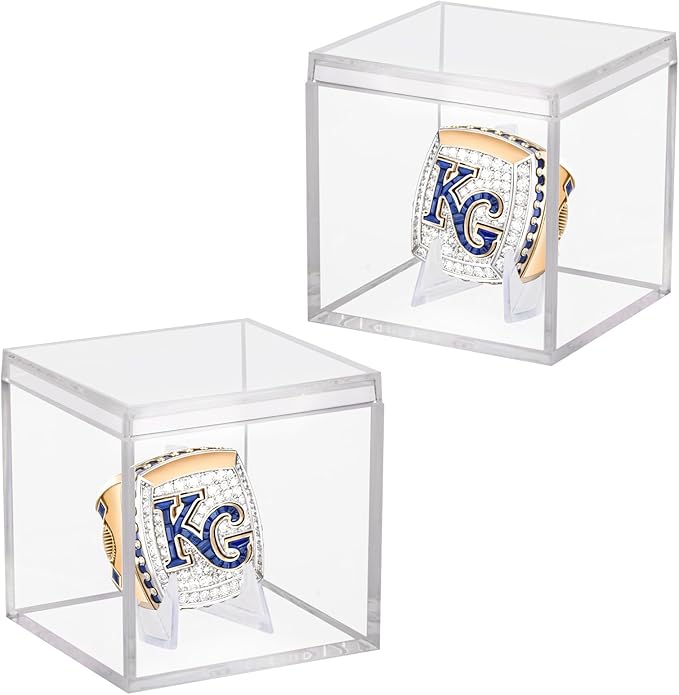 2 Pack Clear Acrylic Championship Ring Display Case, Memorabilia Stand Cube Holder Dust Protection Transparent Storage Box for Sports Baseball Basketball Fan Souvenir Protection Supplies