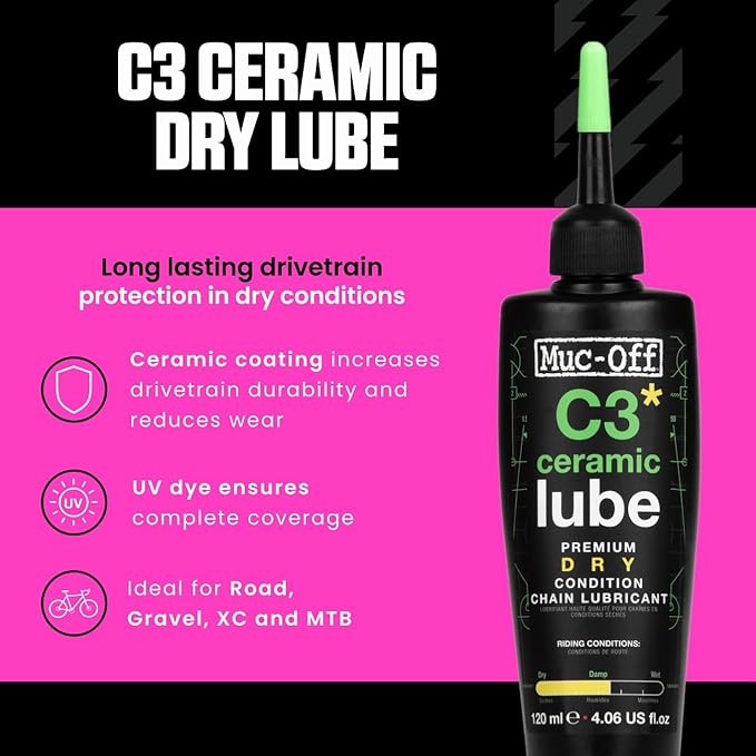 Muc-Off C3 Ceramic Dry Chain Lube, 120 Milliliters - Premium Bike Chain Lubricant with UV Tracer Dye - Formulated for Dry and Dusty Weather Conditions