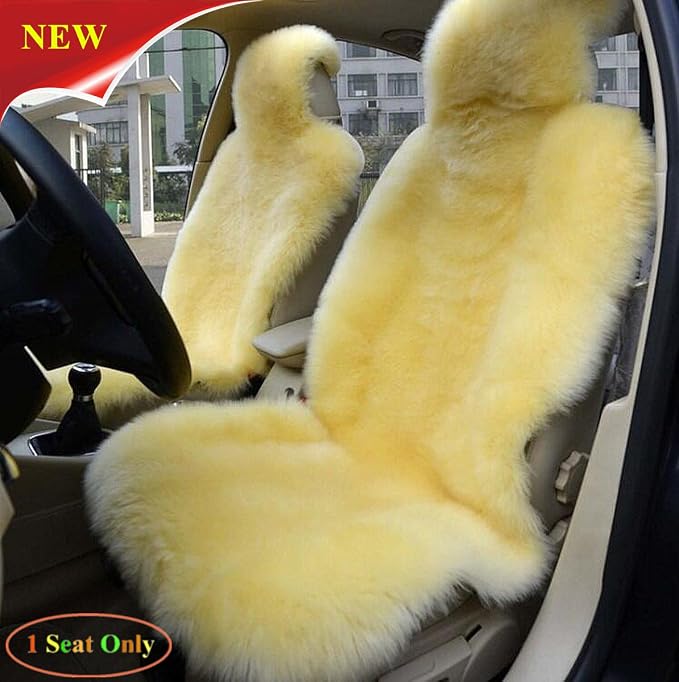Winter Warm Authentic Australia Sheepskin Car Seat Cover Luxury Long Wool Front Seat Cover Fits Most Car, Truck, SUV, or Van (Beige)
