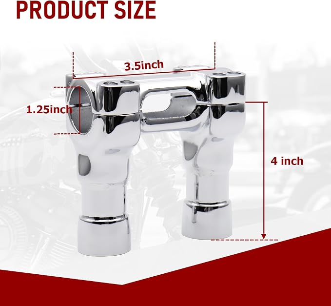 Chrome 4 inch Rise One-Piece Handlebar Top Clamp Kit 1.25 inch Diameter Investment-cast steel Risers for Harley Dyna Softail Sportster