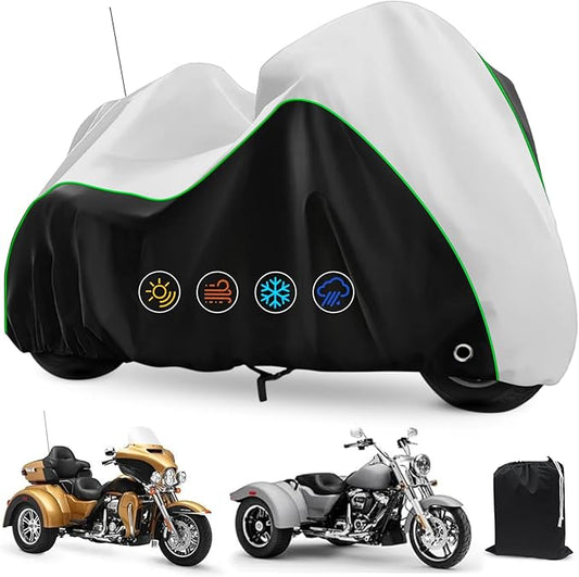COVERVIN Trike Cover Waterproof, Heavy Duty 3 Wheel Motorcycle Cover for Harley Honda Goldwing Freewheeler Tri Glide Ultra, with Antenna Zipper, Windproof Buckles & Reflective Strips (Black&Silver)