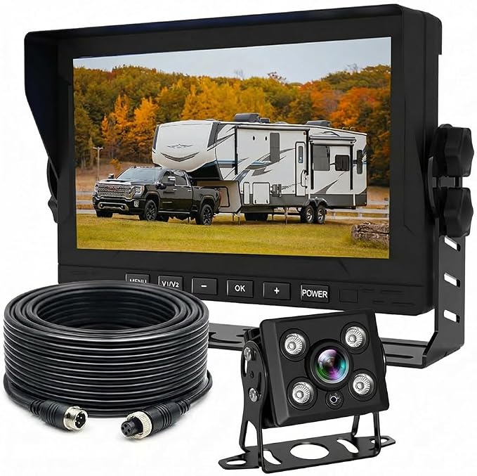 7-Inch HD 1080P Wired Backup Camera System – IP69 Waterproof Night Vision Camera + 43ft Extension Cable – for RV Truck Trailer Tractor Heavy Equipment – Plug and Play (Monitor + 1 Camera)