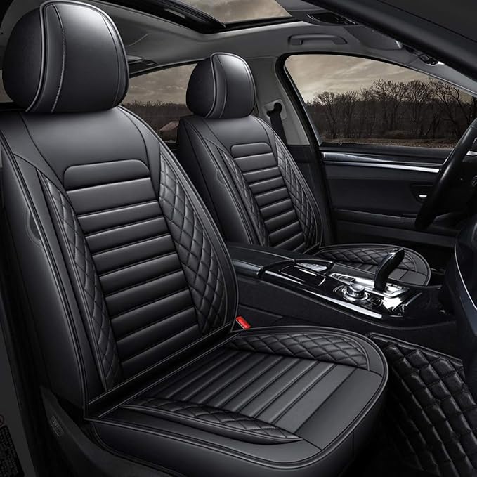 otoez Car Seat Covers Full Set, Black Leather Seat Cover Universal Fit for Most Car SUV Sedan Pick-up Truck, Waterproof Automotive Front and Back Seat Protector (Black)