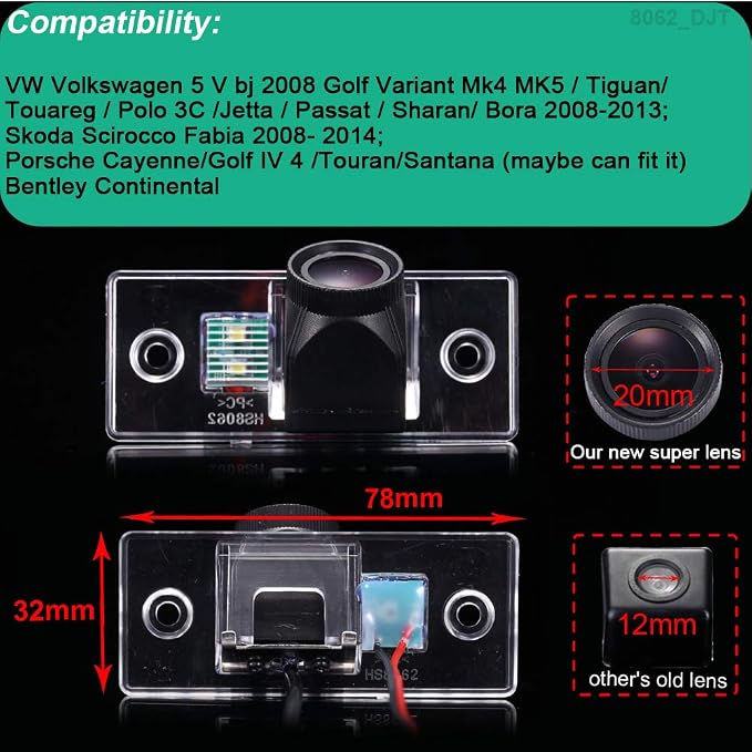 HD IP68 1280Pixels 20MM Lens 170° License Plate Light Rear View Reversing Backup Camera Compatible with V W Touareg/Tiguan Santana/Jetta/Polo/Skoda Scirocco Fabia/Golf 4 6 Variant/Porsche Cayenne