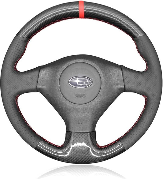 Hand-Sewing Steering Wheel Wrap Cover Black Gloss Carbon Fiber Leather Wrap Interior Protection Accessories for Subaru Forester/Impreza/Legacy/Outback/Impreza WRX(STI) 2005 2006 2007 2008