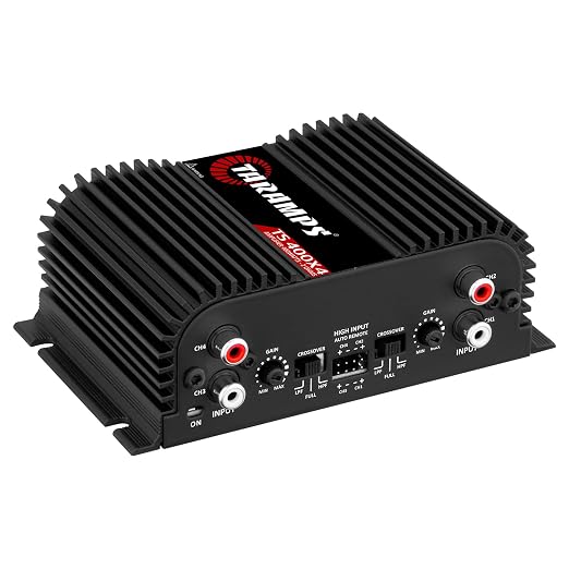 Taramps TS 400x4 2 Ohms Black Multichannel Stereo Amplifier 400 Watts Rms, 4 Channels, Full Range, Car Audio Digital 2 Bridged Channel, Crossover High/Low Pass, with RCA and Automatic High Level Input