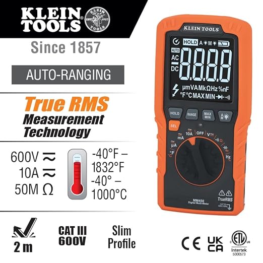 Klein Tools MM450 Multimeter, Slim Digital Meter, Auto-Ranging TRMS, 600V AC/DC Voltage, Current, Resistance, Temp, Frequency, Continuity & 69410 Replacement Test Lead Set, Right Angle