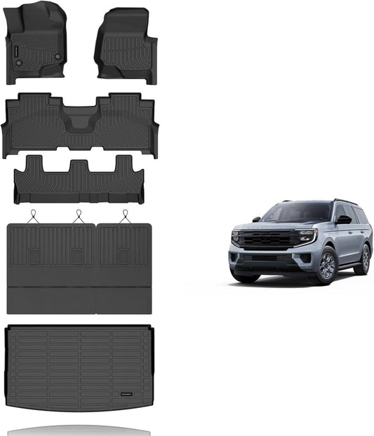 KELCSEECS® Floor Mats & Cargo Liner with Seatback Mats for 2021-2025 Ford Expedition Max 8 Seats Bench Seating(Only Fit Max), All Weather Protection TPE Floor Liners Full Set Accessories Black