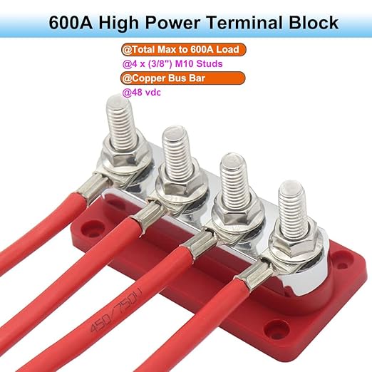 Heavy DUty BusBar Copper Ground Power Distribution Block 12V-48V 600A with 4X 3/8" Posts Terminal, Marine Bus Bar, High Current DC Battery Buss Bar with Cover for Car RV Solar Trucks Yacht, Red