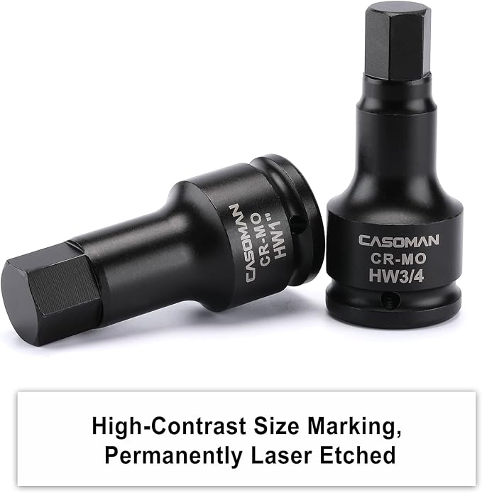 CASOMAN 3/4 Inch Drive Impact Hex Driver Set, 5-Pieces, SAE, 3/4", 7/8", 1", 1-1/8", 1-1/4", 3/4" Drive Master Impact Hex Bit Set, CR-MO, Impact Grade, One-Piece Construction