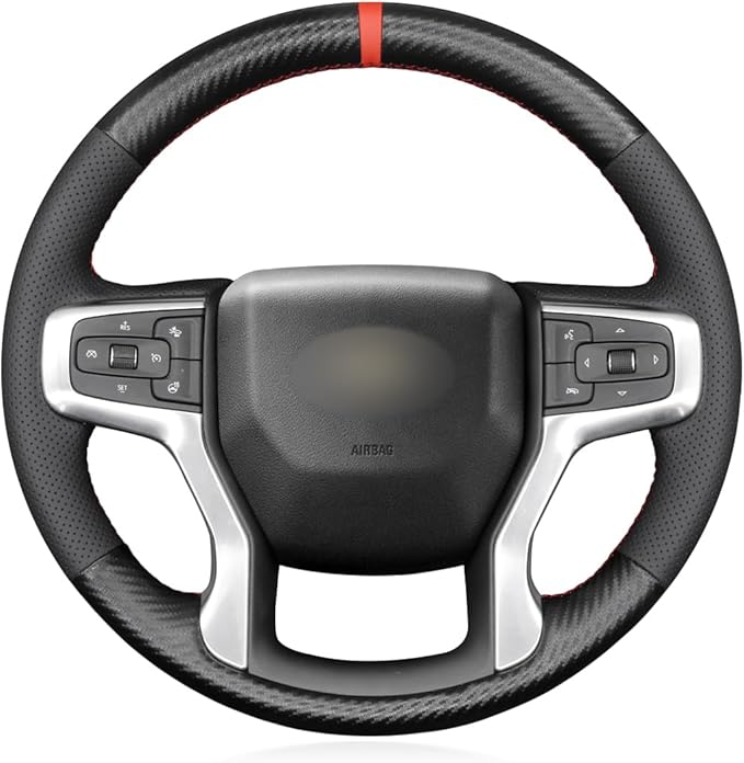 MEWANT Steering Wheel Cover for Chevy Silverado 1500 2019-2024/2500 3500 2020-2024/Blazer 2019-2024/Suburban Tahoe 2021-2024 Carbon Fiber Hand-Stitched Steering Wheel Wrap