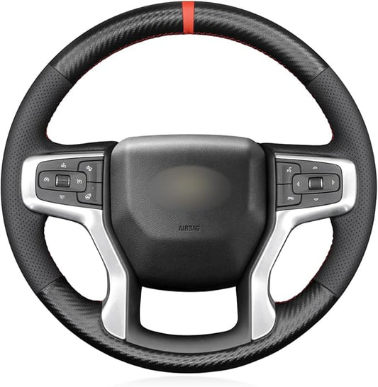 MEWANT Steering Wheel Cover for Chevy Silverado 1500 2019-2024/2500 3500 2020-2024/Blazer 2019-2024/Suburban Tahoe 2021-2024 Carbon Fiber Hand-Stitched Steering Wheel Wrap