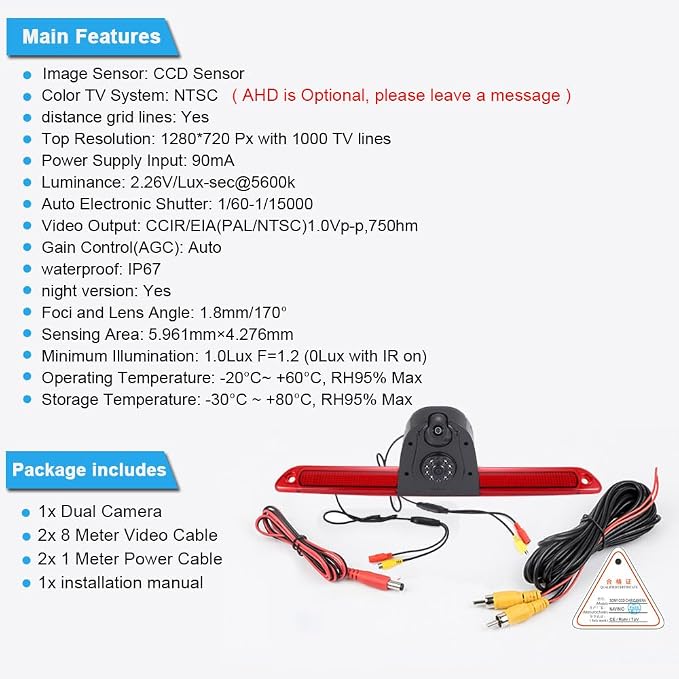 【New Super Dual Lens】 Car Rear View Camera Brake Light Reversing System in 3rd Brake Light with Rear View Camera Replacement for Van Mercedes Benz Sprinter W906/ VW Crafter Caravelle 2007-2015