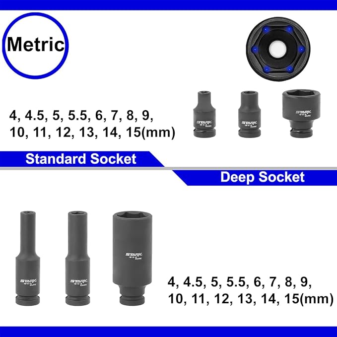Stark USA Elite 53PCS 1/4" DR Master Impact Socket Wrench Set, Universal Socket Adapter SAE (3/16" - 9/16") & MM (4 to 15)