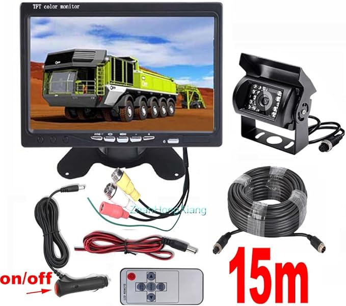 AHD 1080P Vehicle Backup Camera with Monitor Kit,18LED IR Night Vision 4 Pin Reverse Rear View Mirror Camera + 7" Car LCD Monitor Parking System 12V-24V with 49ft Cable for Long Bus Truck Trailer RV